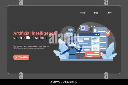 Concetto di intelligenza artificiale. Robotic Assistant presenta soluzioni per l'analisi dei dati e l'apprendimento automatico. Semplificazione delle attività con la tecnologia ai. Illustrazione vettoriale piatta. Illustrazione Vettoriale