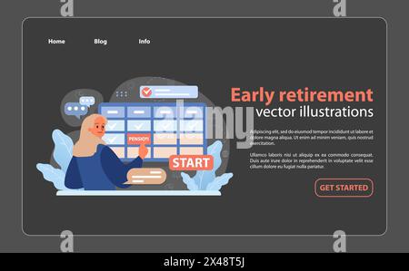 Concetto di prepensionamento. Donna che segna LA PENSIONE su un calendario, preparandosi a iniziare il suo viaggio post-lavoro tra icone finanziarie. Intraprendere una vita tranquilla. Illustrazione vettoriale piatta. Illustrazione Vettoriale