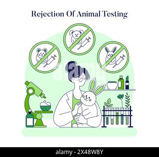 Etica Cosmetics. Promuovere prodotti di bellezza privi di crudeltà con icone contro la sperimentazione animale. Ricerca cosmetica con amore per gli animali. Illustrazione vettoriale. Illustrazione Vettoriale