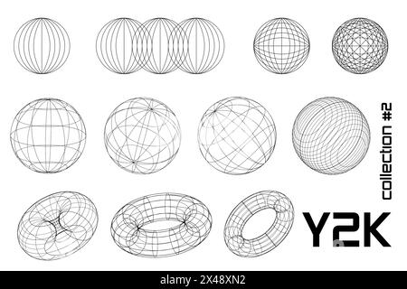 Imposta la forma lineare bianca e nera y2k, 3d rotonda. Vettore per poster Illustrazione Vettoriale