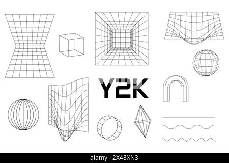 Imposta la forma geometrica bianca lineare della cornice y2k, 3d . Vettore per poster Illustrazione Vettoriale