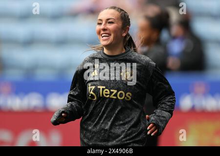 Katie Zelem del Manchester United si scalda davanti al Barclays WomenÕs Super League match tra Leicester City e Manchester United. Foto Stock