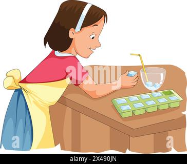 Ragazza carina e felice che mette i cubetti di ghiaccio in un bicchiere Illustrazione Vettoriale