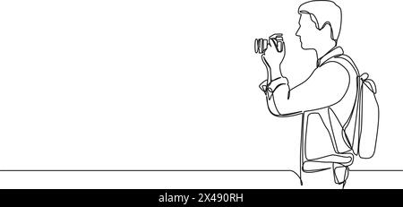 Disegno continuo a riga singola di un uomo che tiene in mano una fotocamera DSLR, illustrazione vettoriale line art Illustrazione Vettoriale