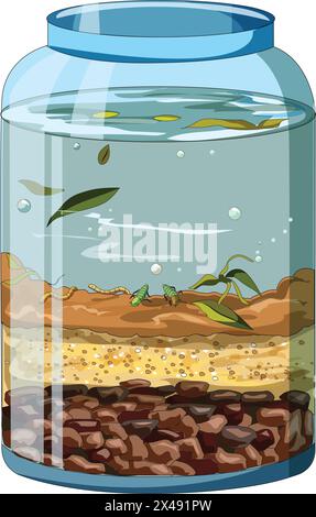 Diversi tipi di particelle di roccia collocate in un vaso di vetro Illustrazione Vettoriale