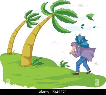 Uomo che maneggia un ombrello in una giornata ventosa Illustrazione Vettoriale