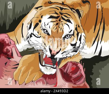 Una tigre feroce che ruggisce con la bocca aperta e cerca di strappare la carne Illustrazione Vettoriale