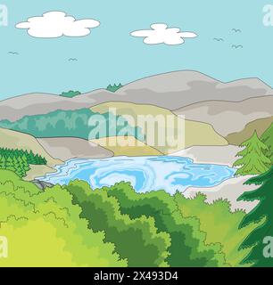 Illustrazione vettoriale che mostra fiume, montagna, alberi Illustrazione Vettoriale
