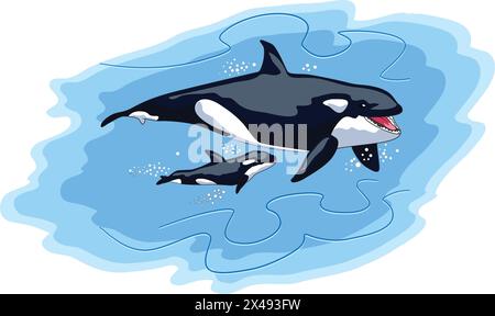 Lo squalo e il suo giovane nuotano nell'oceano Illustrazione Vettoriale