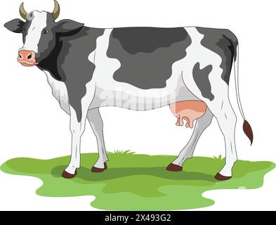 Mucca animale da fattoria in piedi su un campo erboso Illustrazione Vettoriale