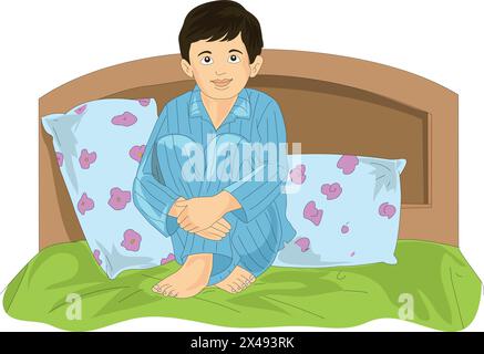 Ragazzo carino che indossa un costume da notte e si siede sul letto Illustrazione Vettoriale
