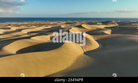 Vista dall'alto delle dune di sabbia di Maspalomas. Vista aerea dell'isola di Gran Canaria. L'oceano incontra le dune di sabbia. Isole Canarie, Spagna Foto Stock