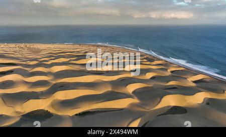 Vista dall'alto delle dune di sabbia di Maspalomas. Vista aerea dell'isola di Gran Canaria. L'oceano incontra le dune di sabbia. Isole Canarie, Spagna Foto Stock