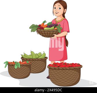 Una bambina simpatica sorridente e con un cesto di frutta e verdura in mano Illustrazione Vettoriale