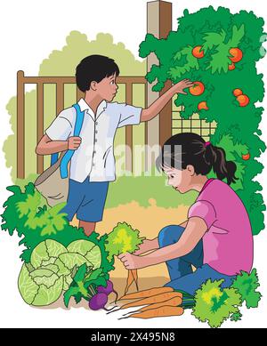 Ragazza che raccoglie verdure e ragazzo che tiene i pomodori Illustrazione Vettoriale