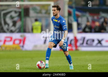 Cracovia, Polonia. 26 aprile 2024. Adrian Malachowski di Podbeskidzie in azione durante la partita di calcio fortuna 1 della Lega polacca 2023/2024 tra Wisla Cracovia e Podbeskidzie allo Stadio Municipale di Cracovia. Punteggio finale; Wisla Krakow 3:1 Podbeskidzie. Credito: SOPA Images Limited/Alamy Live News Foto Stock