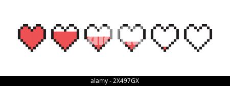 Barra di vita del gioco pixel. Vector ART 8 bit Health Heart bar. Controller di gioco, set di simboli. Illustrazione Vettoriale