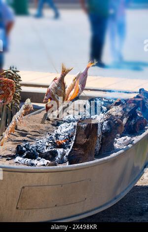 Spiedini di polpo, orata, gamberi e sardine, grigliati su un fuoco a legna in una barca sulla sabbia della spiaggia. Piatto tipico di Malaga, Andalusia, Foto Stock