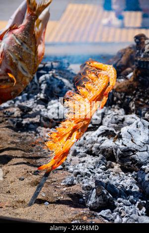 Spiedini di polpo, orata, gamberi e sardine, grigliati su un fuoco a legna in una barca sulla sabbia della spiaggia. Piatto tipico di Malaga, Andalusia, Foto Stock