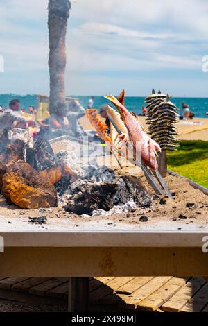 Spiedini di polpo, orata, gamberi e sardine, grigliati su un fuoco a legna in una barca sulla sabbia della spiaggia. Piatto tipico di Malaga, Andalusia, Foto Stock