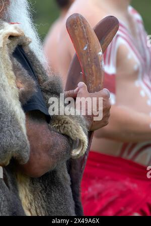 La mano umana tiene i bastoncini rituali per il rituale di benvenuto in un evento della comunità indigena in Australia Foto Stock