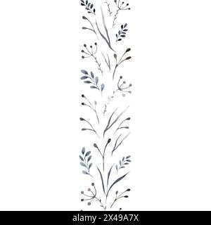 Illustrazione ad acquerello di un fiore selvatico secco, erbario. Bordo senza cuciture di fiori e foglie blu. Elegante stampa botanica infinita, carta da parati Foto Stock