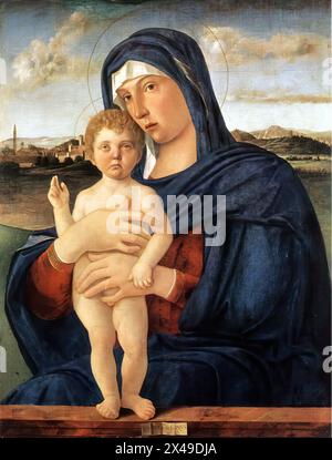 BELLINI, Giovanni (c.a. 1426, Venezia, d. 1516, Venezia) Madonna con Benedizione bambino 1475-80 olio su tavola, 78 x 56 cm gallerie dell'Accademia, Venezia il dipinto è uno dei capolavori di Bellini eseguiti tra il 1475 e il 80. L'interesse dell'artista per il paesaggio, sviluppato completamente negli anni '1490, si manifesta già. Il dipinto è firmato come 'IOANNES BELLINVS'. --- parole chiave: --------------- Autore: BELLINI, Giovanni titolo: Madonna con benedizione bambino Time-line: 1451-1500 Scuola: Italian form: Painting Type: Religious Foto Stock