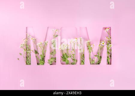 Biglietto di auguri per la Festa della mamma, su sfondo rosa con fiori. Scritta "MAMMA" con margherite, bouquet di rose, fl Foto Stock