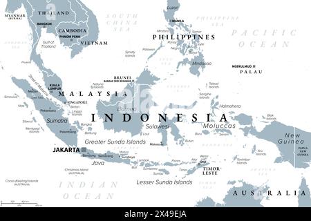 Indonesia, un paese nel sud-est asiatico e Oceania, mappa politica grigia. Repubblica e arcipelago con capitale Jakarta. Foto Stock