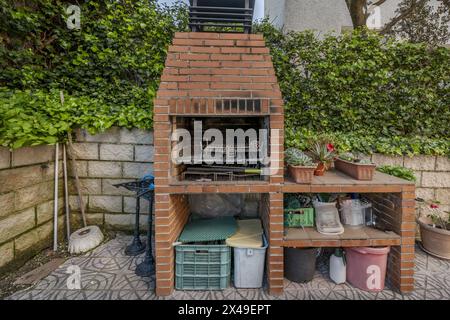 Parete perimetrale con siepi e vigne da giardino con sentiero piastrellato e barbecue incorporato Foto Stock