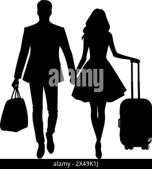 Silhouette di una coppia innamorata e passeggiate con la valigia da viaggio in vacanza. Illustrazione vettoriale Illustrazione Vettoriale