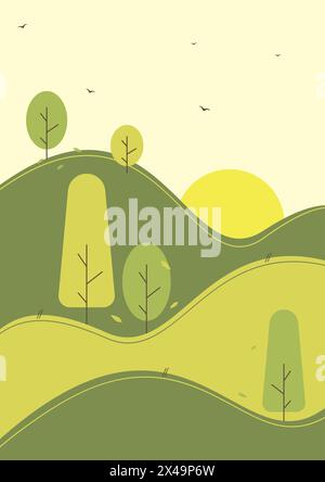 Natura paesaggio semplice illustrazione infantile. Piante verdi sulle colline. Panorama estivo all'alba in stile moderno. Campagna rurale astratta Illustrazione Vettoriale