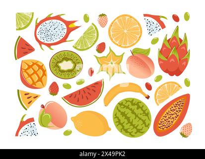 Set di esotici frutti tropicali estivi, in stile cartoni animati. Limone fresco, spicchi di lime, anguria, frutta di drago, frutta di stelle, papaya, mango e kiwi, strawb Illustrazione Vettoriale