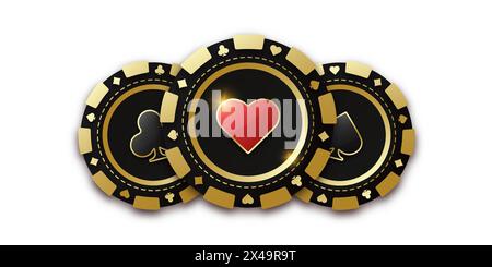 Moneta da gioco con cuori completi. Trio di chip o gettone da gioco. Chip da gioco realistico con la tuta di cuori al centro, gettoni da gioco. Banner Illustrazione Vettoriale