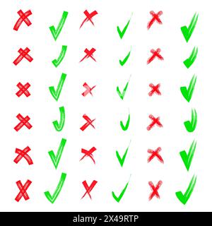 Sì e no Forma rossa e verde. Pennello disegnato a mano, segni di spunta e incrocia la raccolta di set. Disegnare, disegnare. Matita disegnata a mano segni di spunta A. Illustrazione Vettoriale