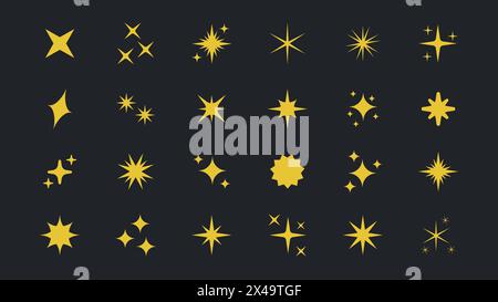 Collezione di icone gialle vettoriali retrò futuristiche. Set di forme originali a stella scintillante. Segno vettoriale effetto lucentezza astratto. Effetto luce brillante, Illustrazione Vettoriale