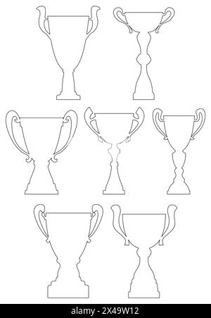 Set di coppe Champion in stile sottile. Premio del campionato per il primo posto. Simbolo della vittoria. Illustrazione vettoriale. Illustrazione Vettoriale