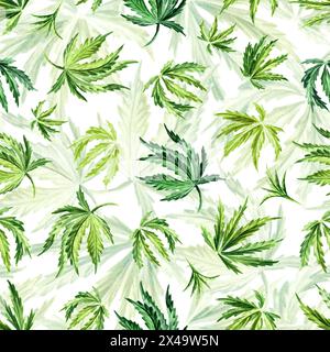 Foglia di cannabis. Disegno ad acquerello a mano con motivo senza cuciture isolato su sfondo bianco Foto Stock
