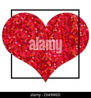 Cuore rosso fatto di pixel nel quadrato nero. Sfondo di San Valentino su sfondo bianco. Elemento Symbol of Love per il modello di matrimonio. Illustrazione Vettoriale