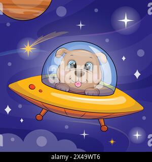 Carino Cartoon Dog in un'astronave. Illustrazione vettoriale di un animale nello spazio su uno sfondo blu con stelle e un pianeta. Illustrazione Vettoriale