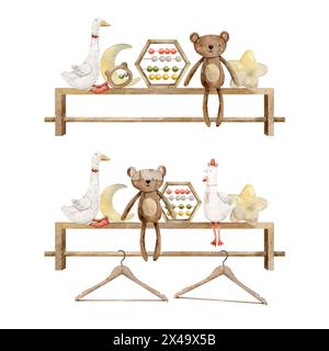 Set di scaffali per bambini ad acquerello con vari giocattoli, orsacchiotto, oca e gallo, sonaglino e abaco. Illustrazione isolata disegnata a mano per bambini Foto Stock