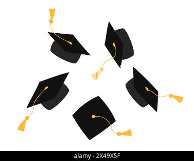 Cappucci graduati nell'illustrazione del vettore piatto isolato dall'aria. Alcuni cappelli accademici quadrati gettati insieme. Mortarboard gettati. Scuola superiore, college Illustrazione Vettoriale