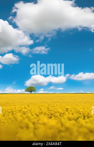 Un grande campo di canola, Danimarca, con un solo querce. Foto Stock