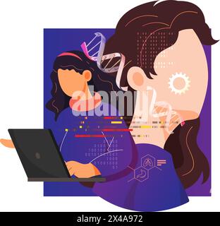 Women in Genetics Research - Gene editing and Modificing DNA Helix - CRISPR Technology - Women Empowerment Through Science - Abstract Illustration as e Illustrazione Vettoriale