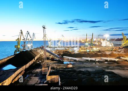 Movimentazione di merci a secco presso il terminal marittimo per carichi alla rinfusa di notte. Foto Stock