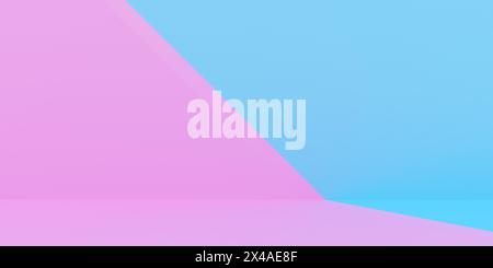 Camera moderna minimalista astratta con pareti e pavimento divisi in diagonale rosa e blu, sfondo dell'esposizione dei prodotti, illustrazione 3D. Foto Stock