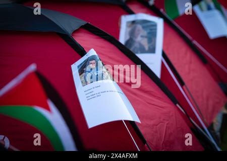 Manchester, Regno Unito. 1° maggio 2024. I poster sono attaccati alle tende dell'accampamento dell'Università di Manchester. Le proteste e gli accampamenti studenteschi sono in corso a livello nazionale presso le università in solidarietà per la guerra a Gaza dopo scene violente nei campus degli Stati Uniti. Crediti: Andy Barton/Alamy Live News Foto Stock