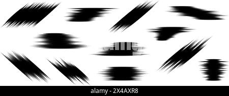 Set di elementi glitch mezzitoni. Raccolta di moduli diversi con trama tratteggiata. Forme spikey astratte dei mezzitoni grunge per stampa, striscione, poster, collage, sovrapposizione, etichetta, etichetta. Pacchetto vettoriale grunge in difficoltà Illustrazione Vettoriale