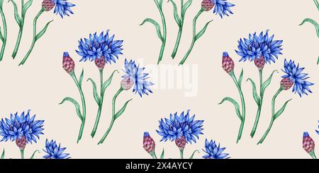 Motivo di fiori di corno blu su sfondo grigio illustrazione acquerello. Elemento di composizione botanica isolato dallo sfondo. Adatto per il cosmo Foto Stock