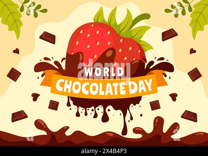 Celebrazione della giornata mondiale del cioccolato illustrazione vettoriale il 7 luglio con cioccolatini fusi e torta in Flat Cartoon background Design Illustrazione Vettoriale